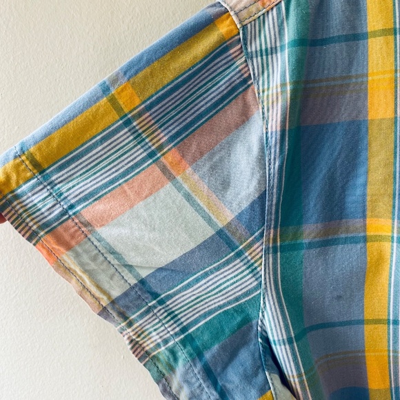 Gap Sz 14 Short Sleeve Plaid Romper Drawstring Waist Pockets Button Down - Picture 9 of 14